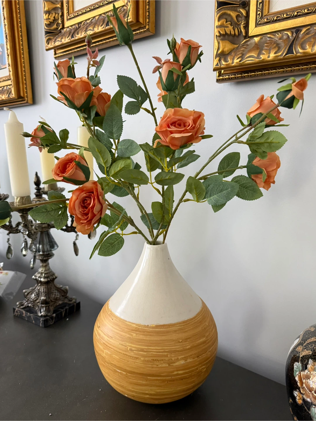 Orange Rose Faux Flowers in Bamboo Vase