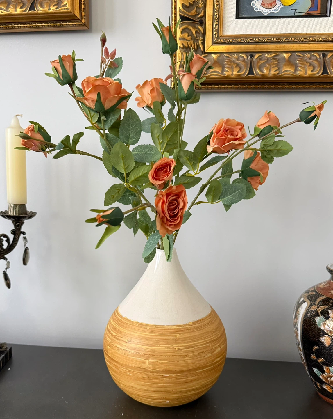 Orange Rose Faux Flowers in Bamboo Vase - photo 2