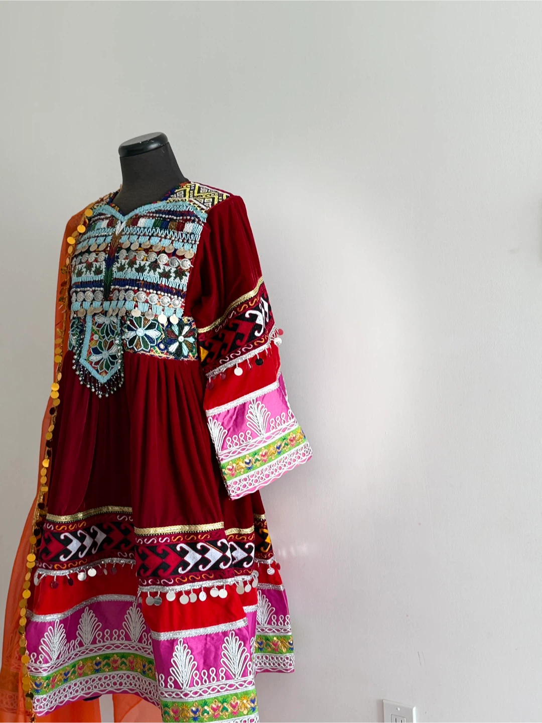 Embroidered Velvet Dress with Scarf