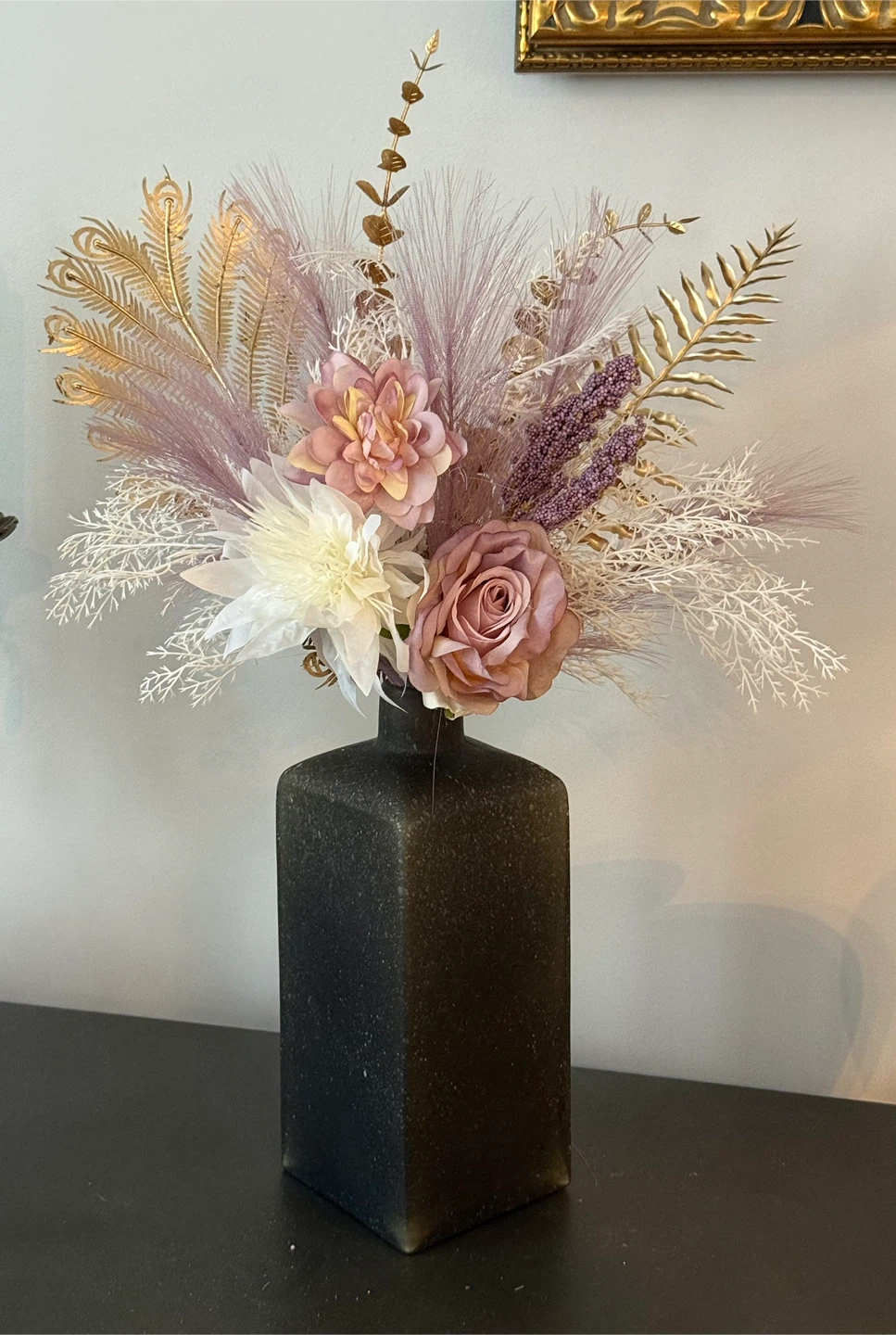 Handcrafted Faux Flower Arrangement in Dark Vase