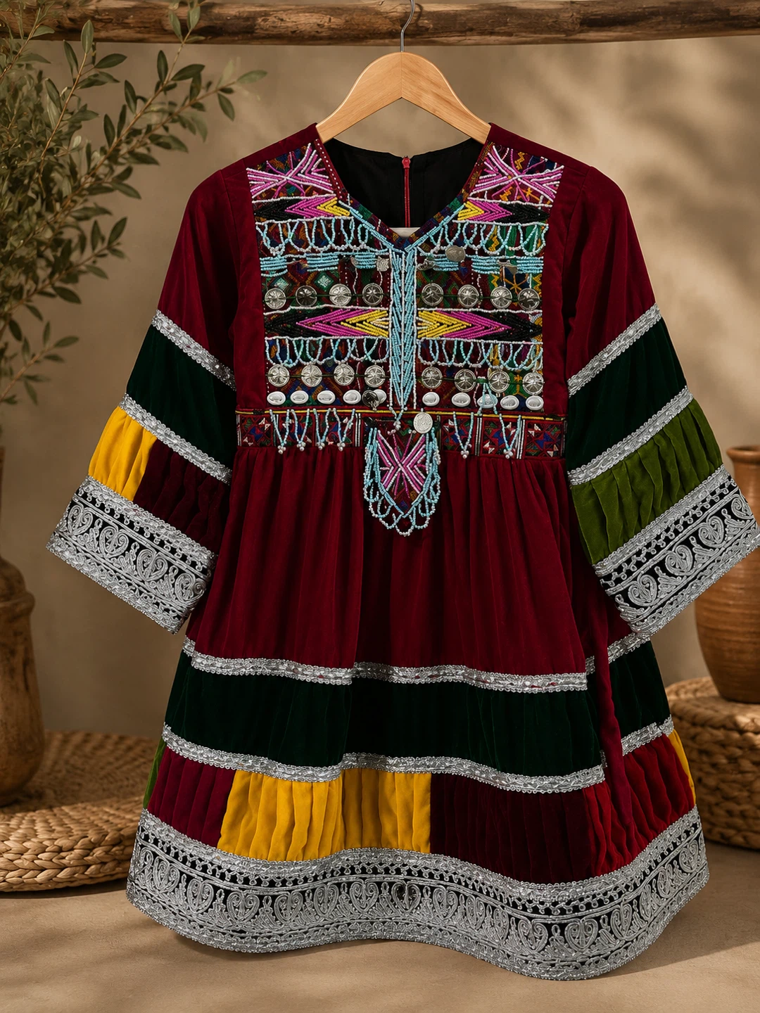 Embroidered Velvet Dress with Mirror Work