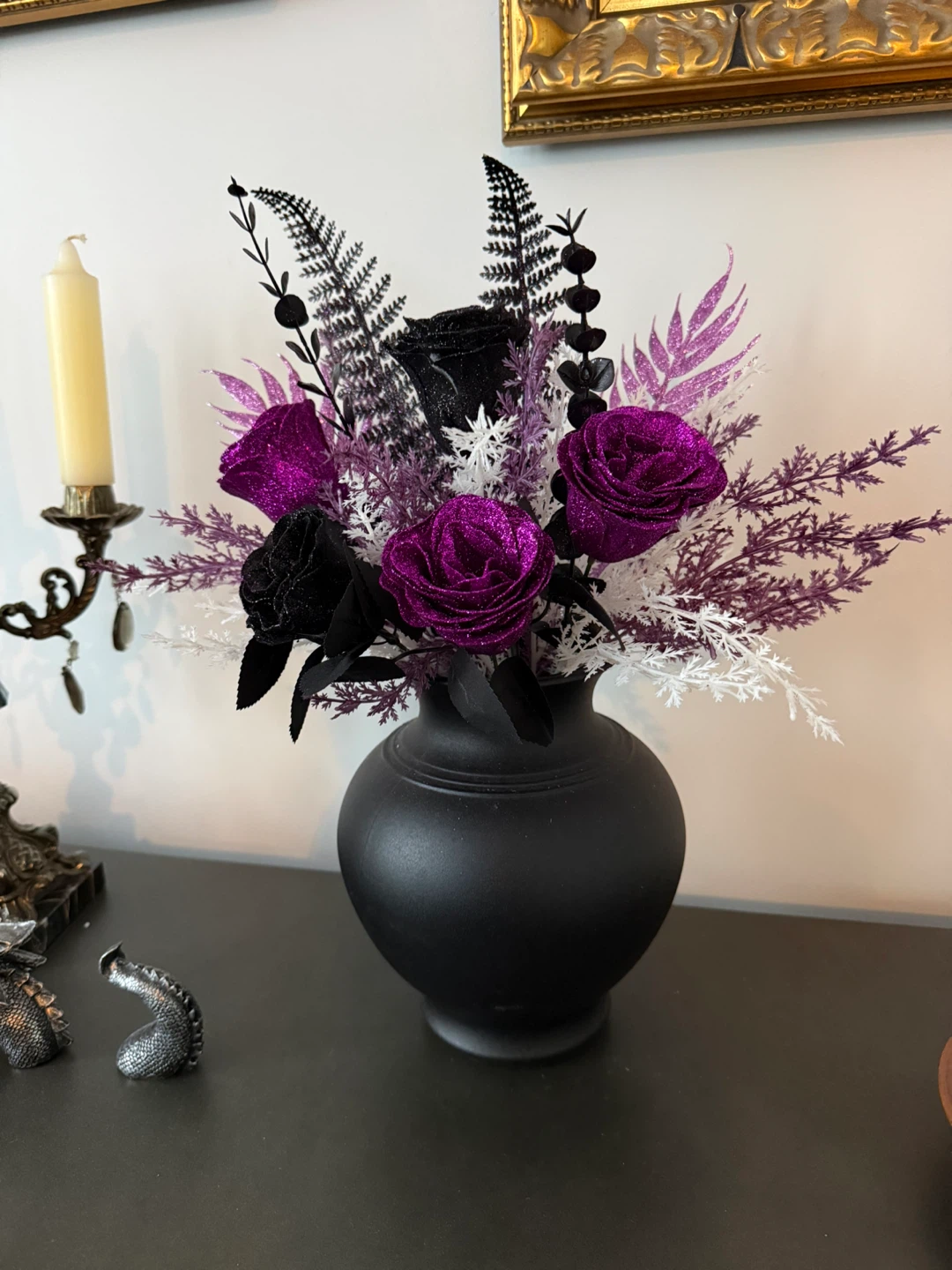 Sparkly Purple & Black Floral Arrangement in Black Vase
