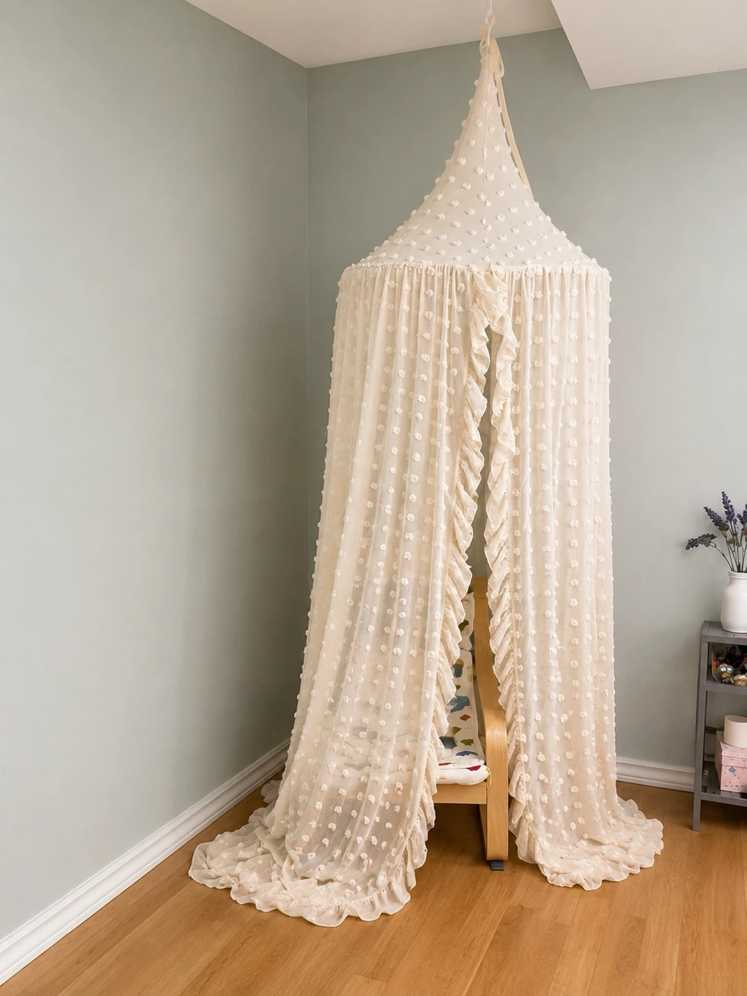 Wonder Space Kids Bed Canopy,Lace Chiffon w. Pom Pom,Beige/pink
