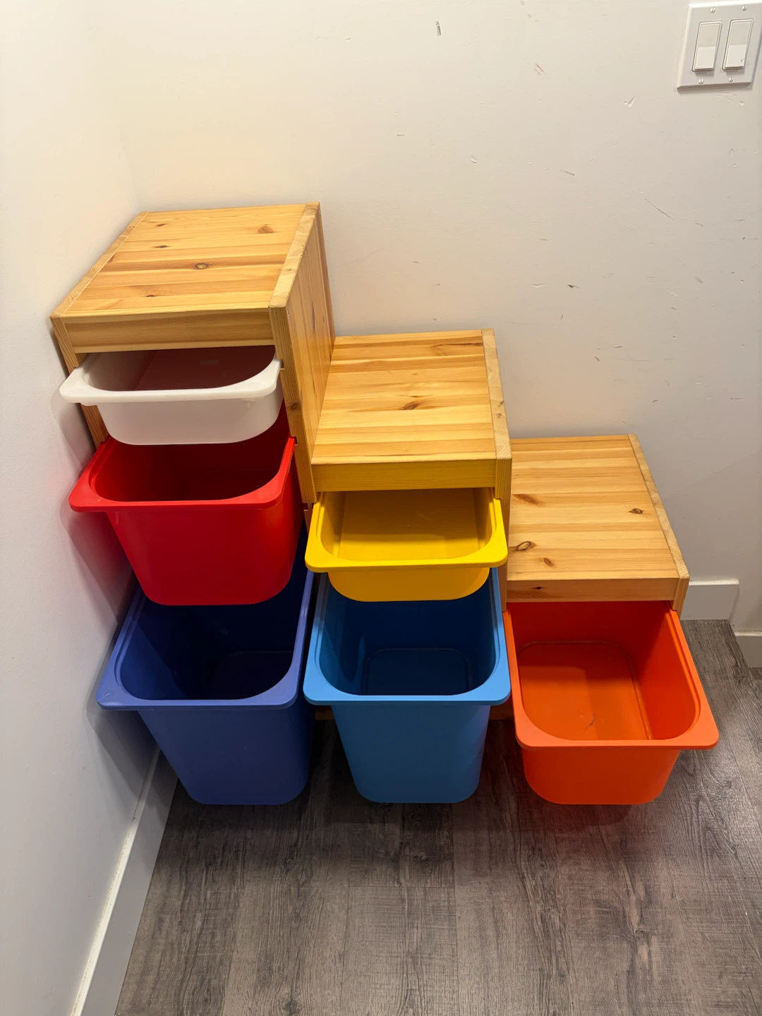 IKEA cabinet stair shape with colourful bins - photo 2