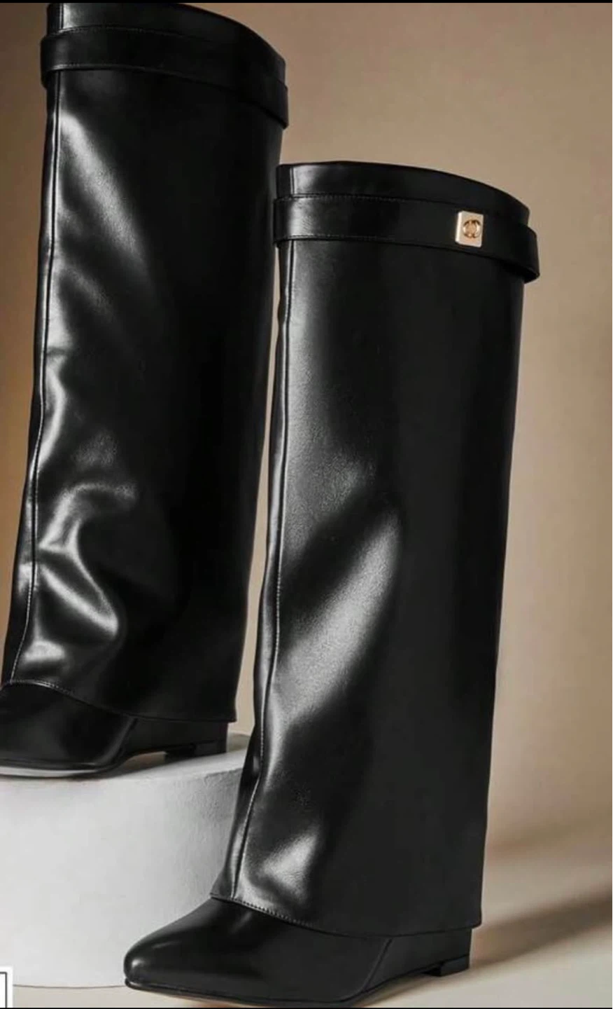 Black Leather Fold-Over Boots