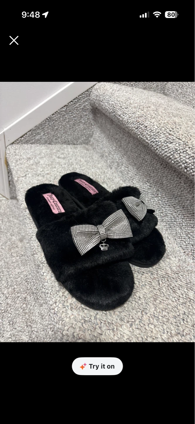 Juicy Couture Black Faux Fur Slippers with Bow