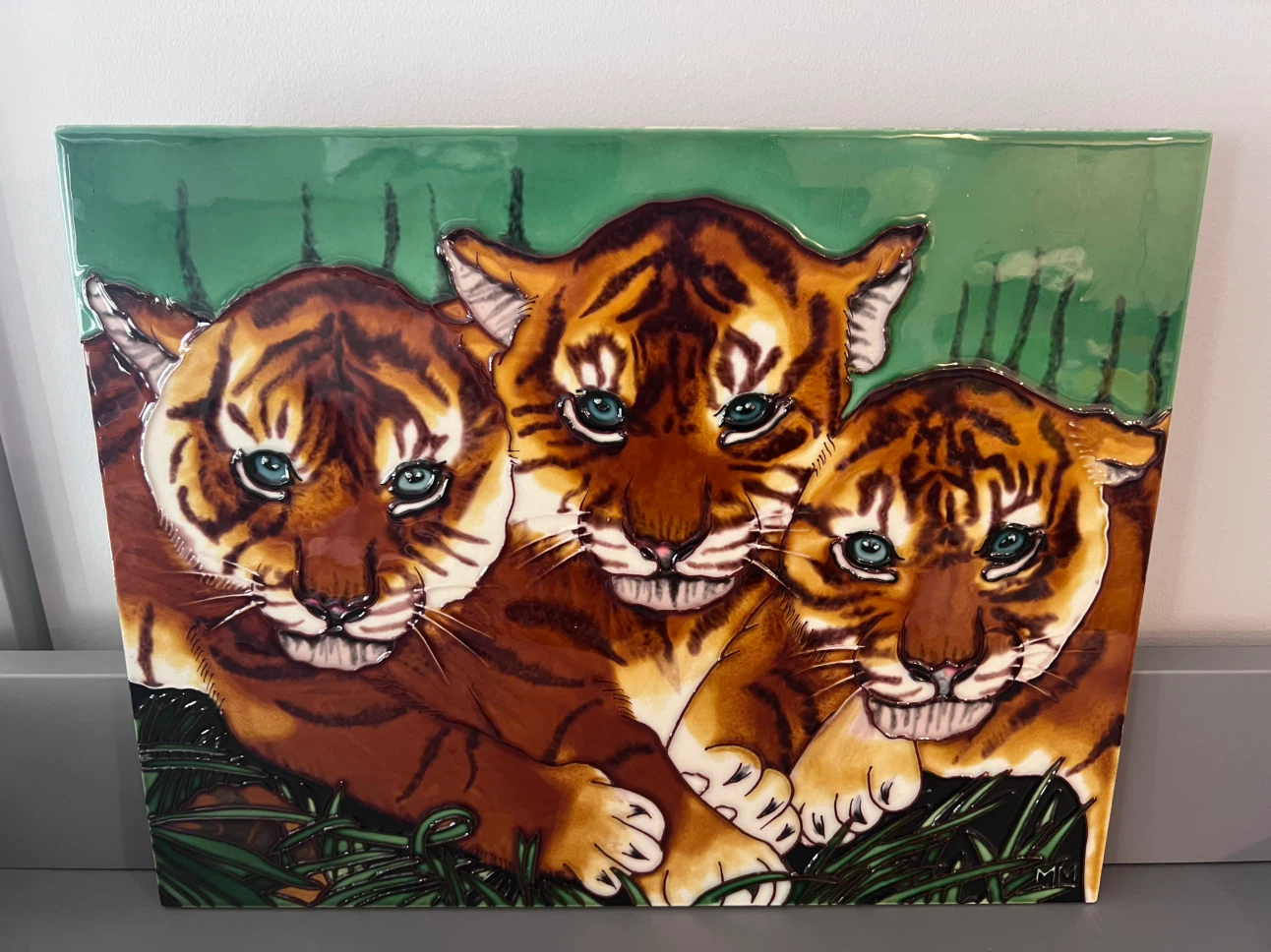 Vintage Tiger Cubs Ceramic Art Tile Plaque