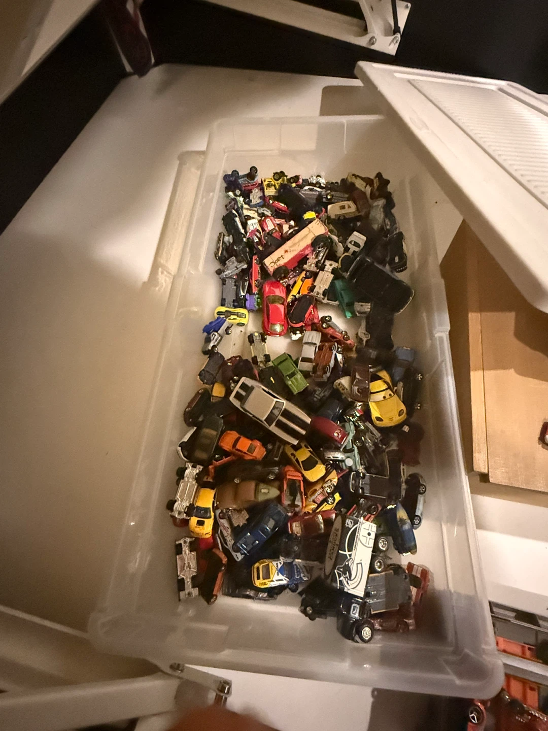 Four lane down hill track plus big box of hot wheels cars