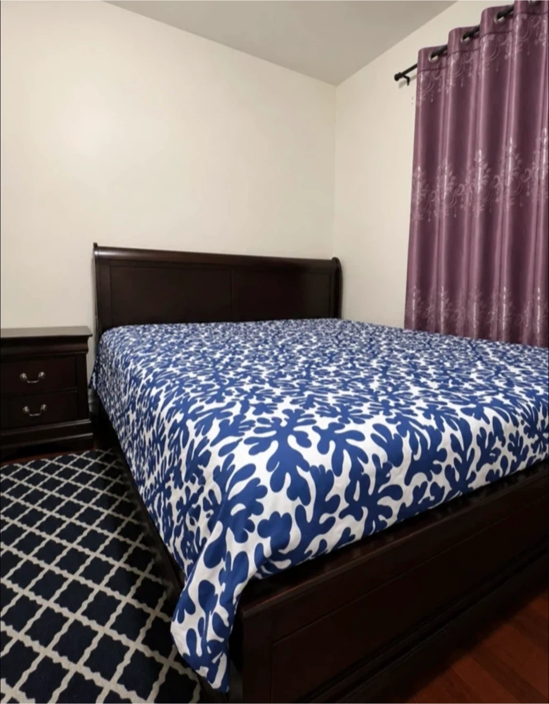 Dark Wood bed and Nightstand with Two Drawers