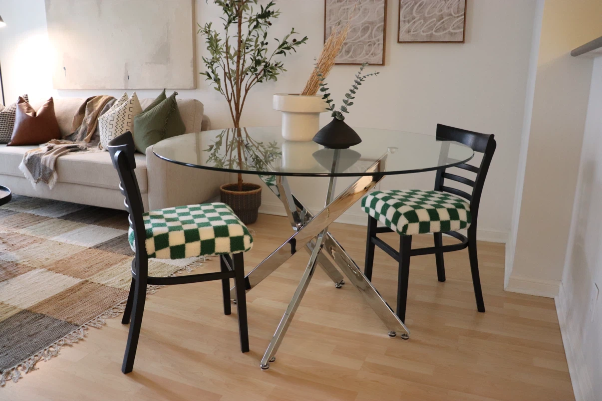 Upcycled Black Dining Chairs with Green Checkered Upholstery - photo 2