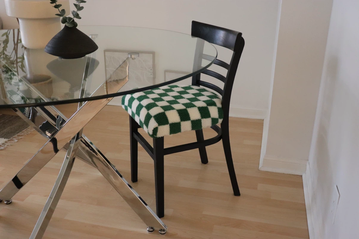 Upcycled Black Dining Chairs with Green Checkered Upholstery - photo 3