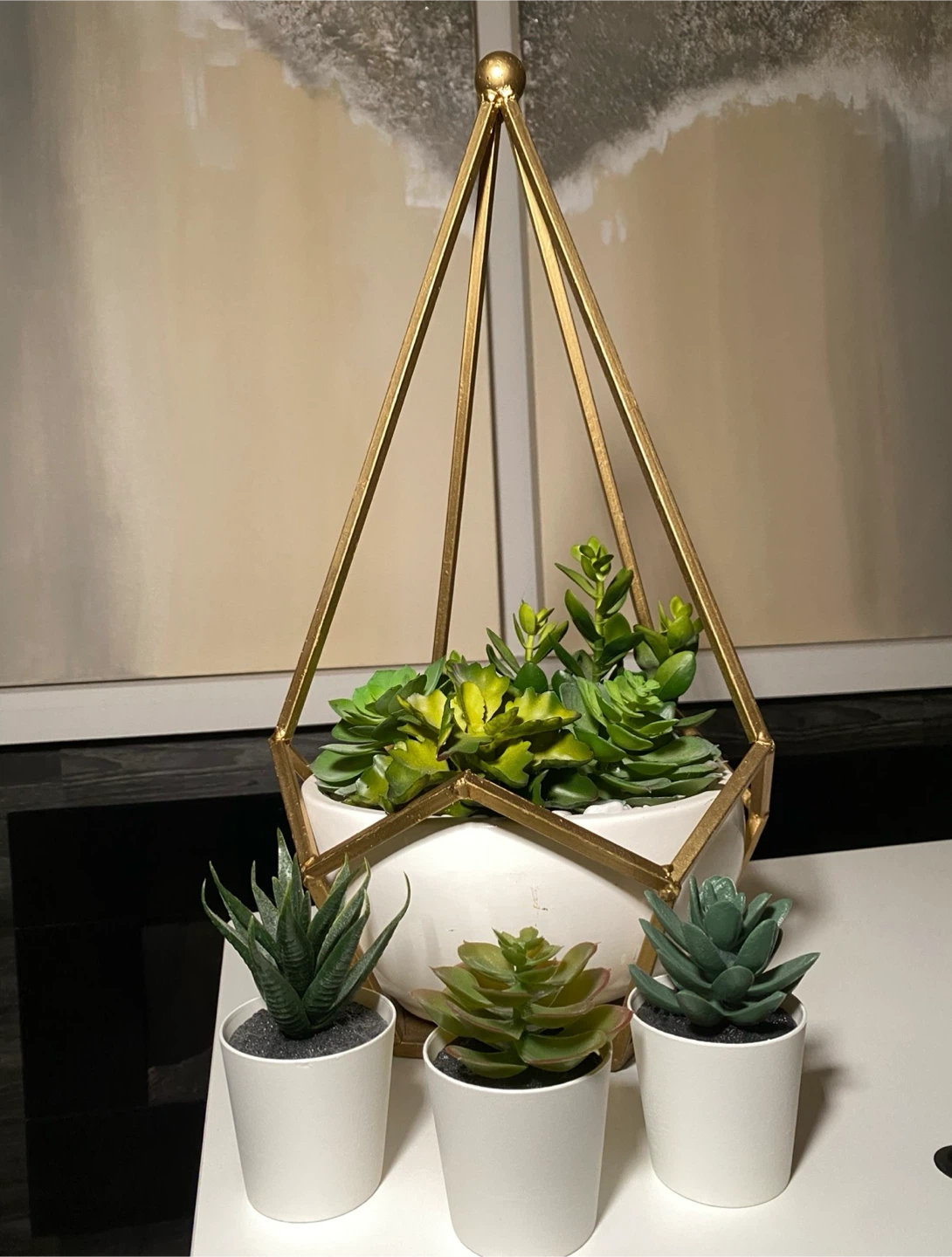 4pcs Lrg Gold Plant Hanger Geometric Faux Succulents Ceramic Pot