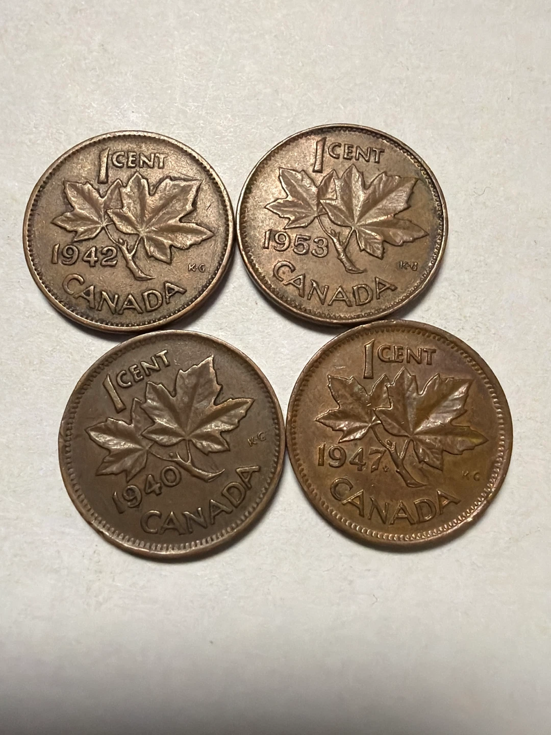 Set of 4 vintage Canadian 1 cent coins