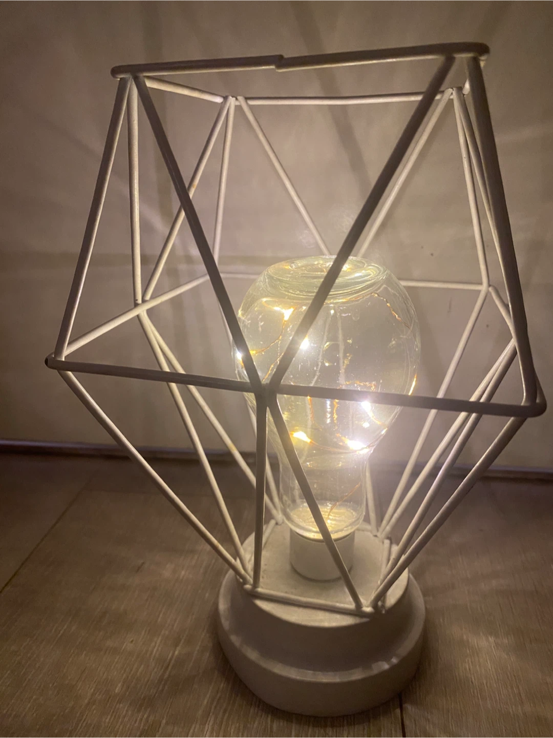 White Geometric Wire Cage Lamp with LED Fairy Lights