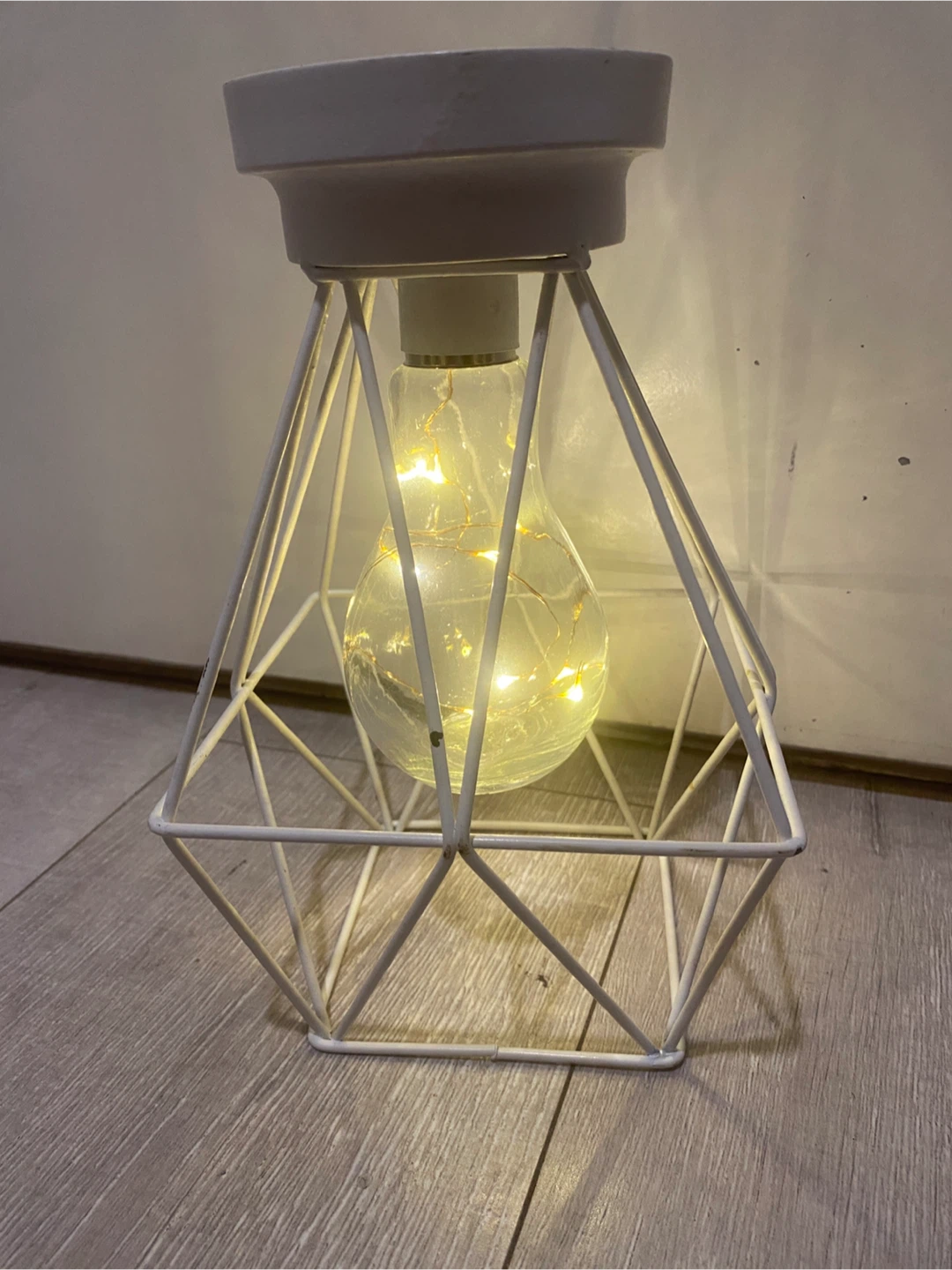 White Geometric Wire Cage Lamp with LED Fairy Lights - photo 5