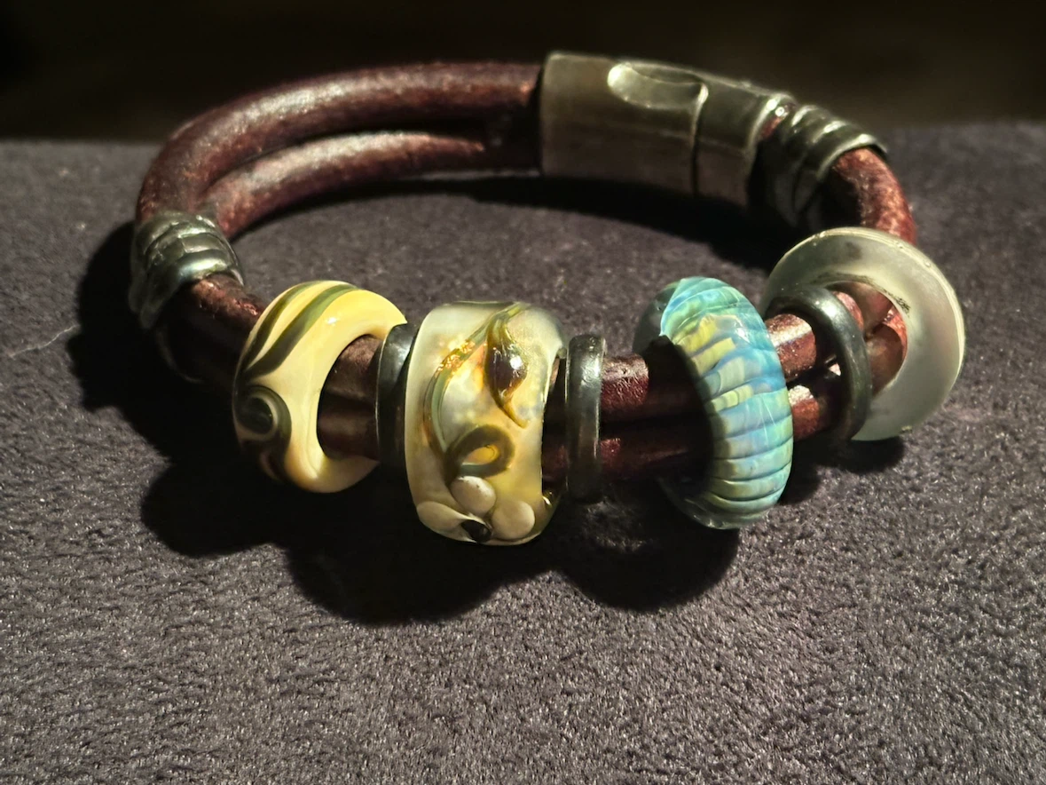 hand crafted artisan double leather strap troll bead bracelet