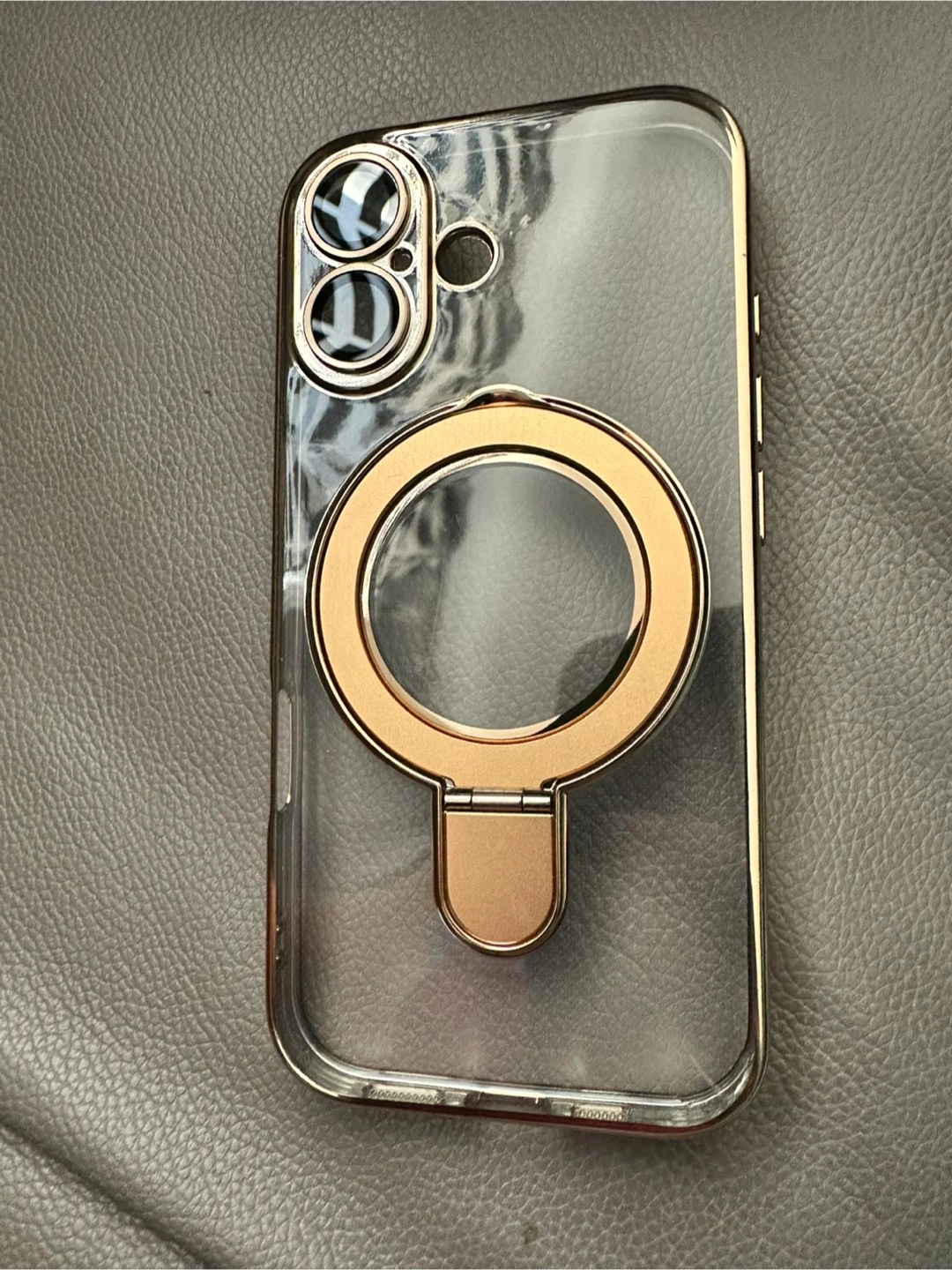 iPhone 17 Clear Case with Gold Ring Stand and Bumper