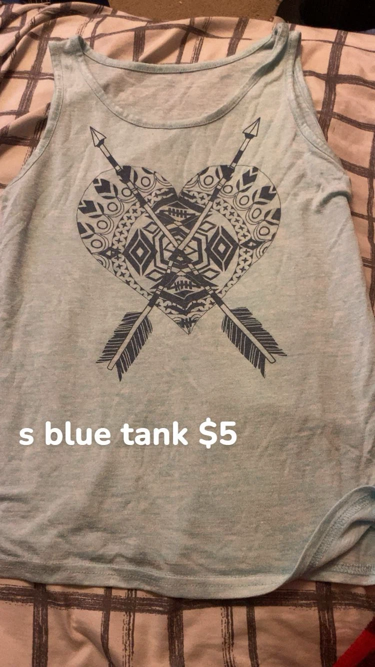 Blue tank top with heart and arrows graphic