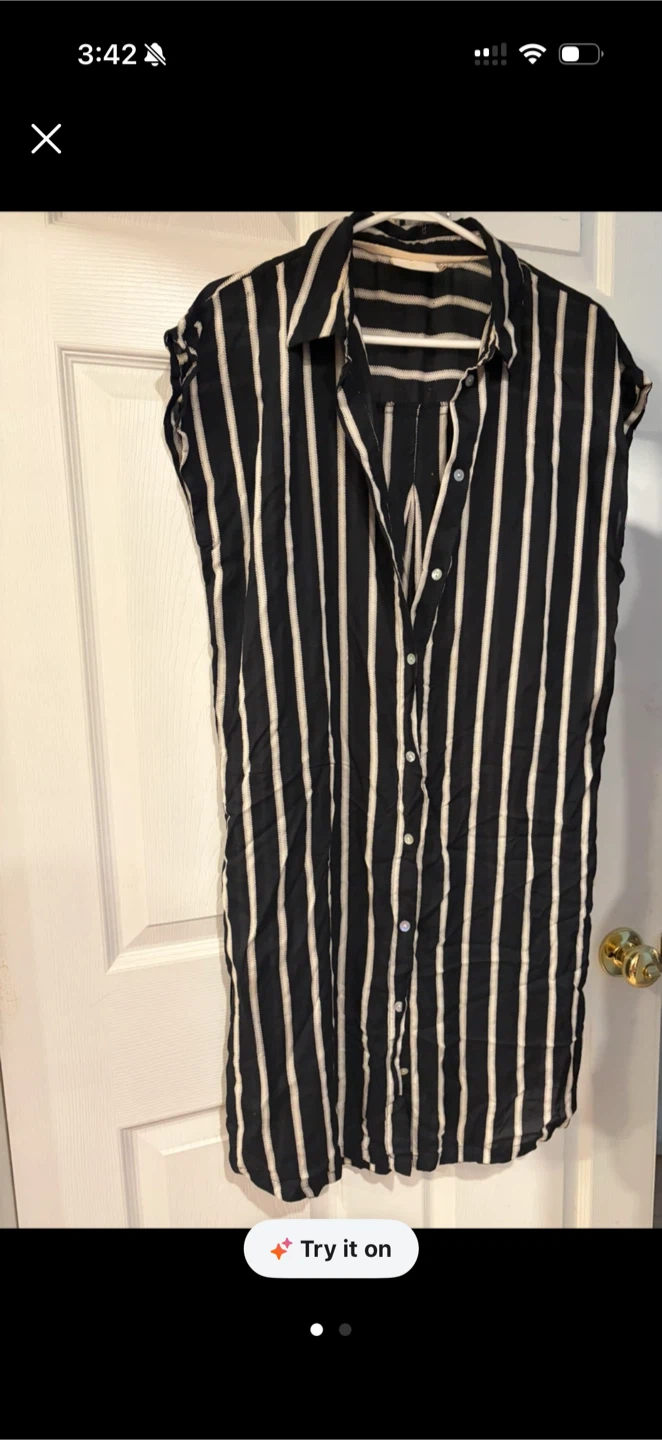 Striped Button-Up Sleeveless Shirt Dress - photo 2