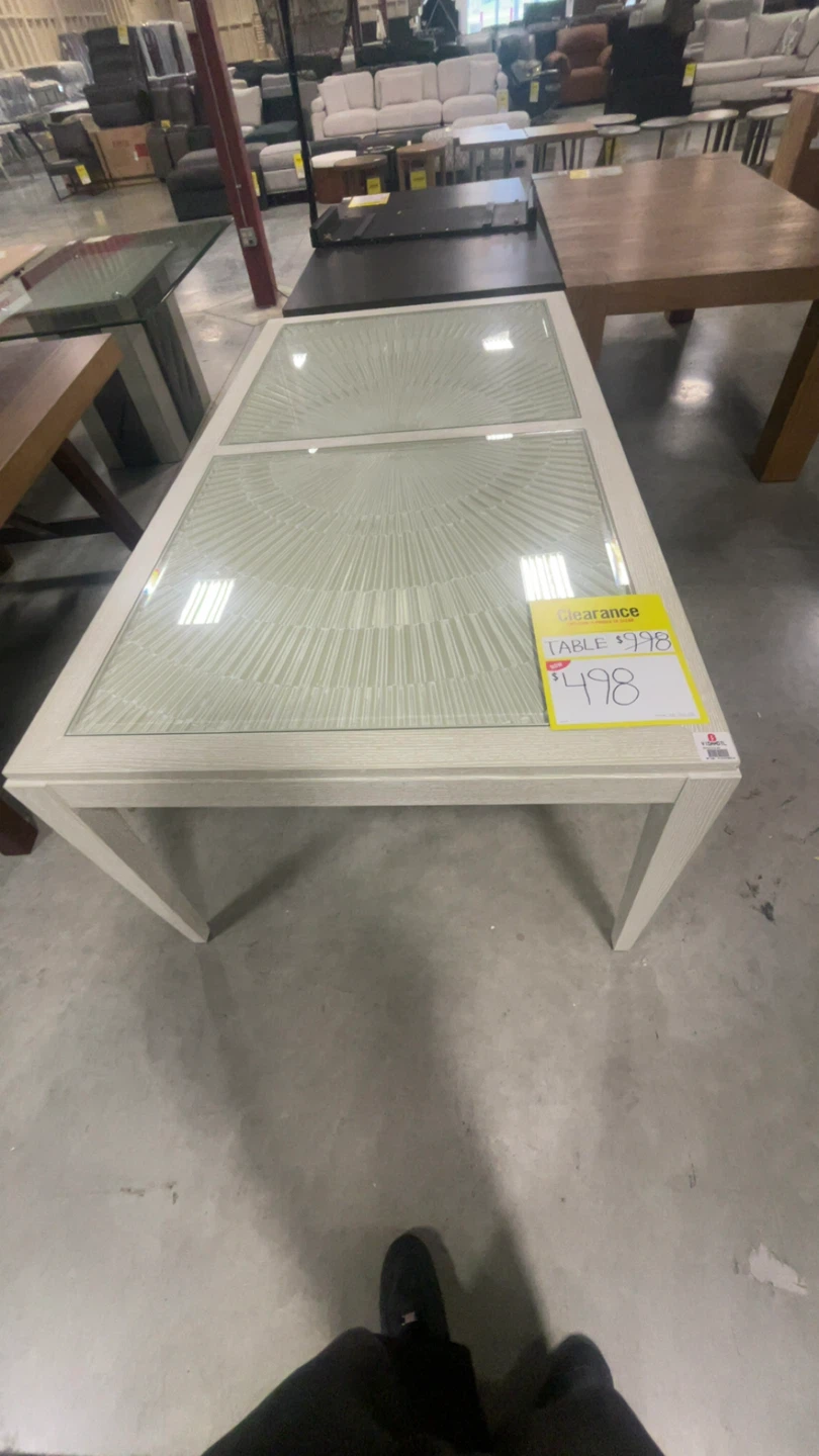 White rectangular dining table with glass inlay