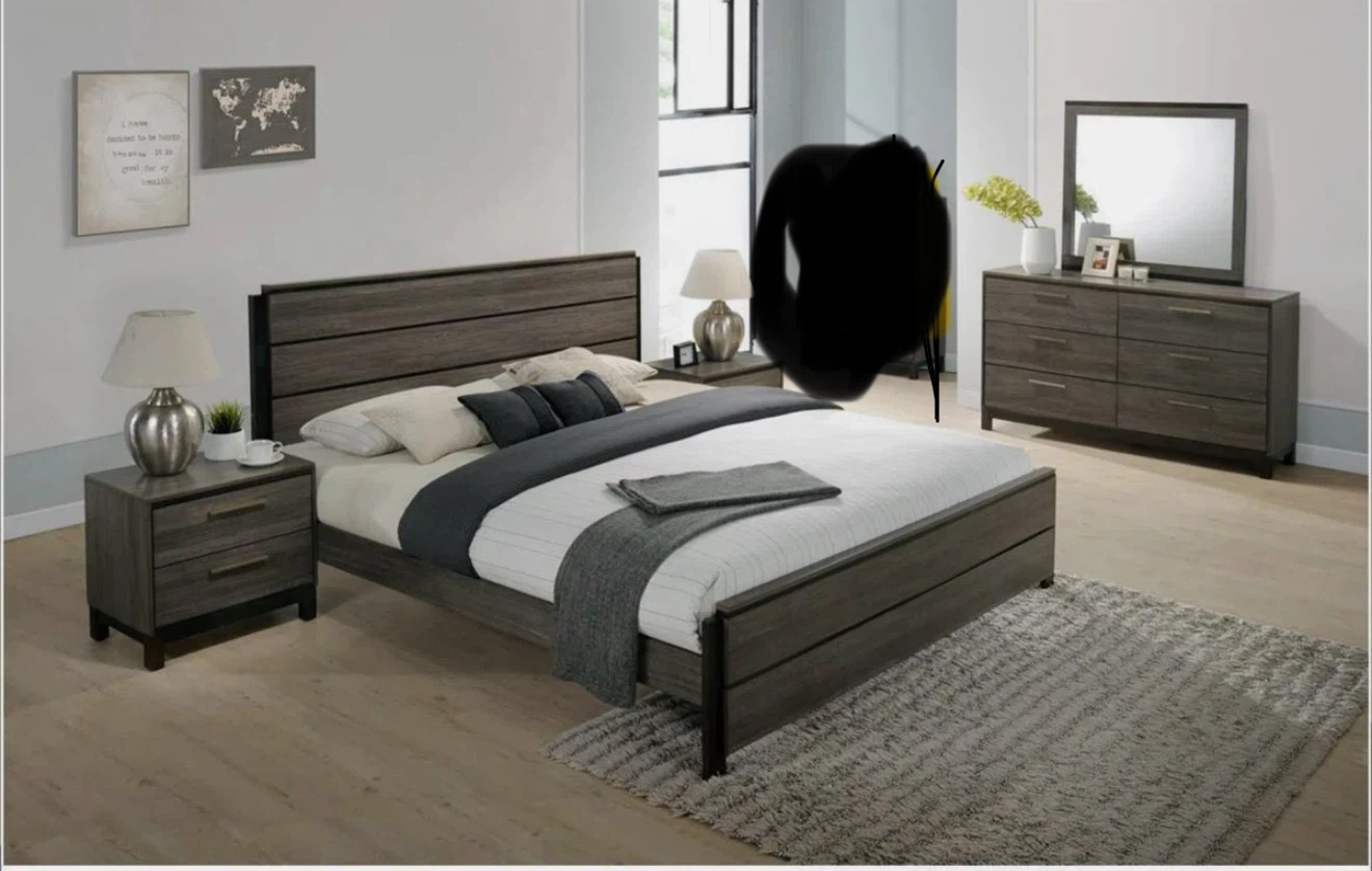 Queen size modern grey wood grain bed frame