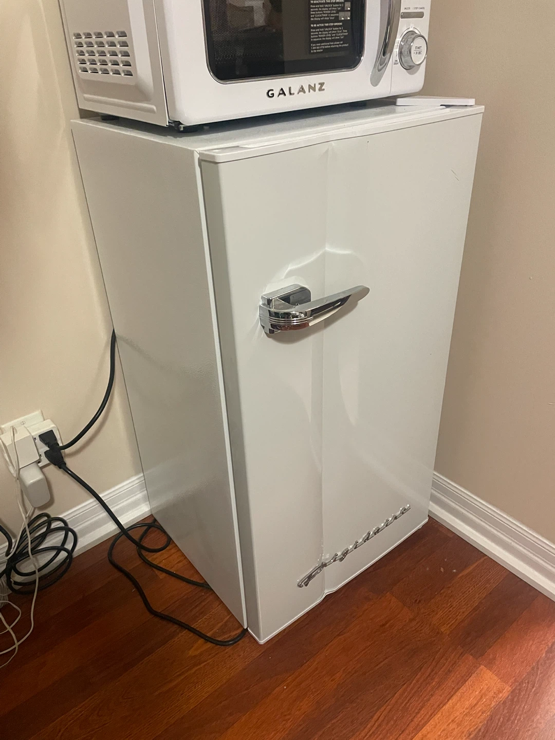 White Galanz Microwave and Refrigerator Set