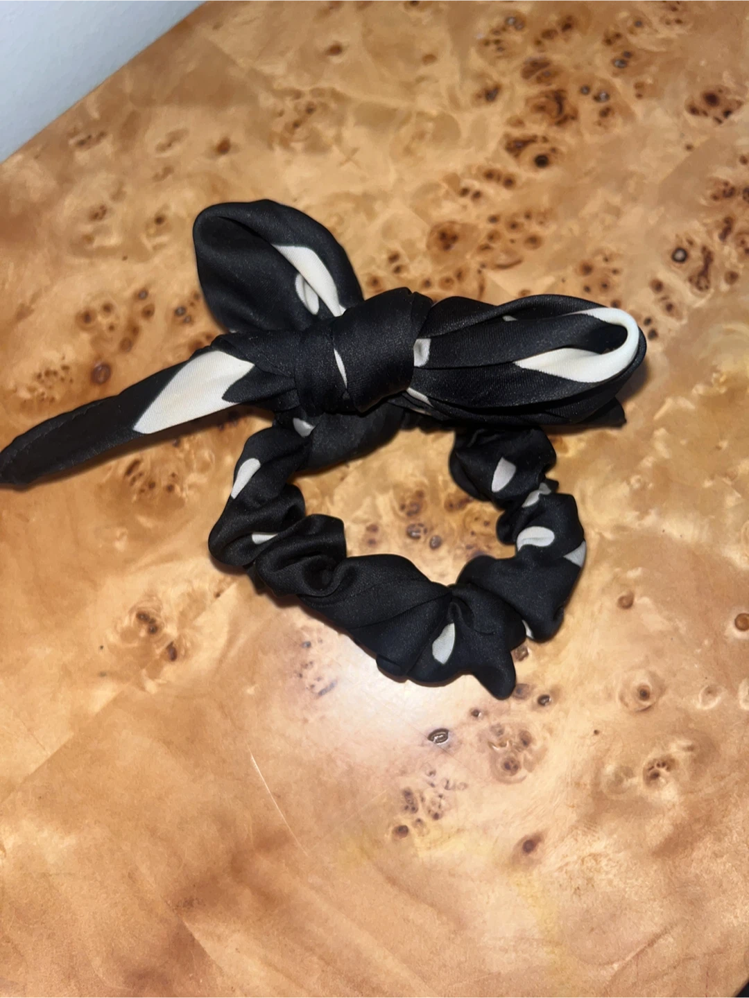 Black and white polka dot scrunchie with bow tie