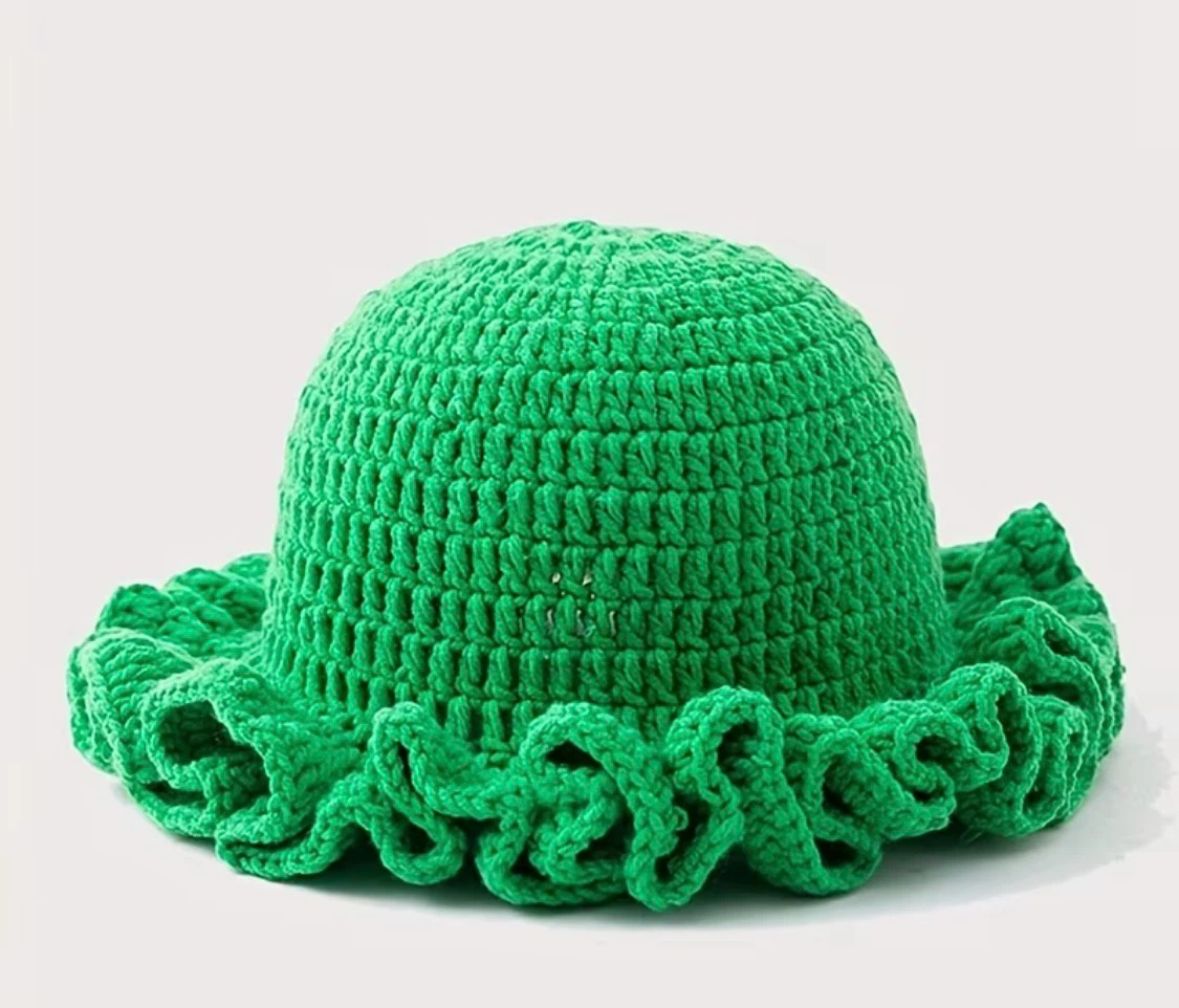 Green Crochet Bucket Hat with Ruffle Brim