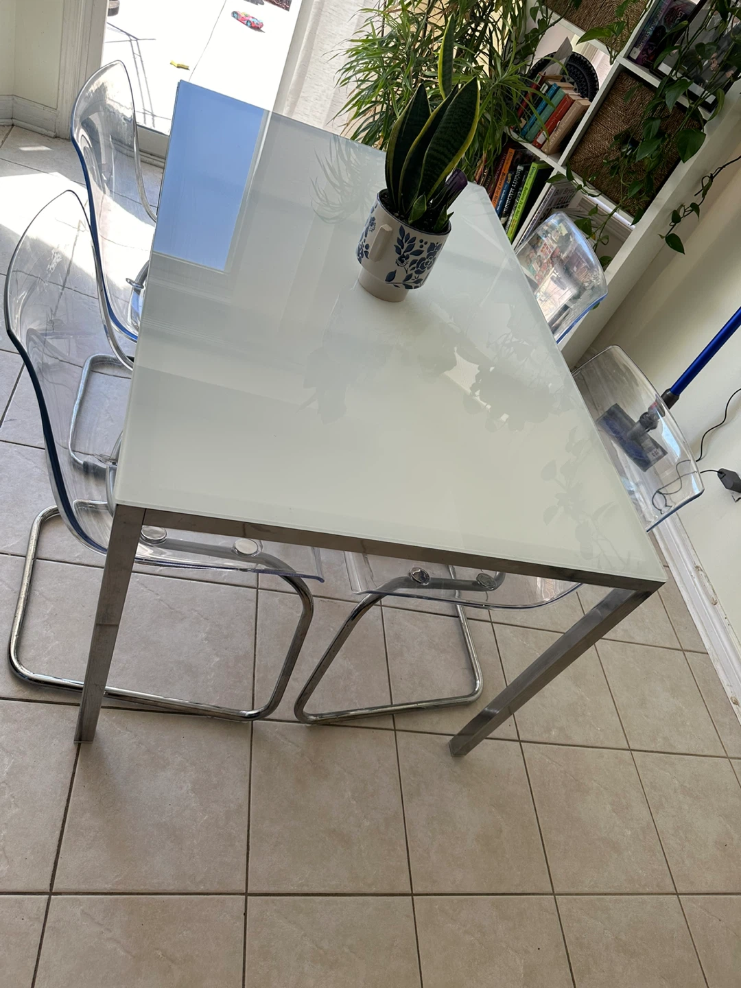 IKEA Torsby white glass dining table with 4 chairs