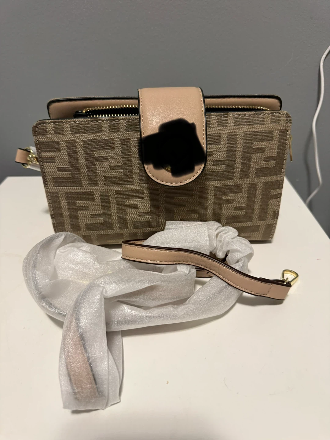 Brown Faux Leather Shoulder Bag with Pearl Strap