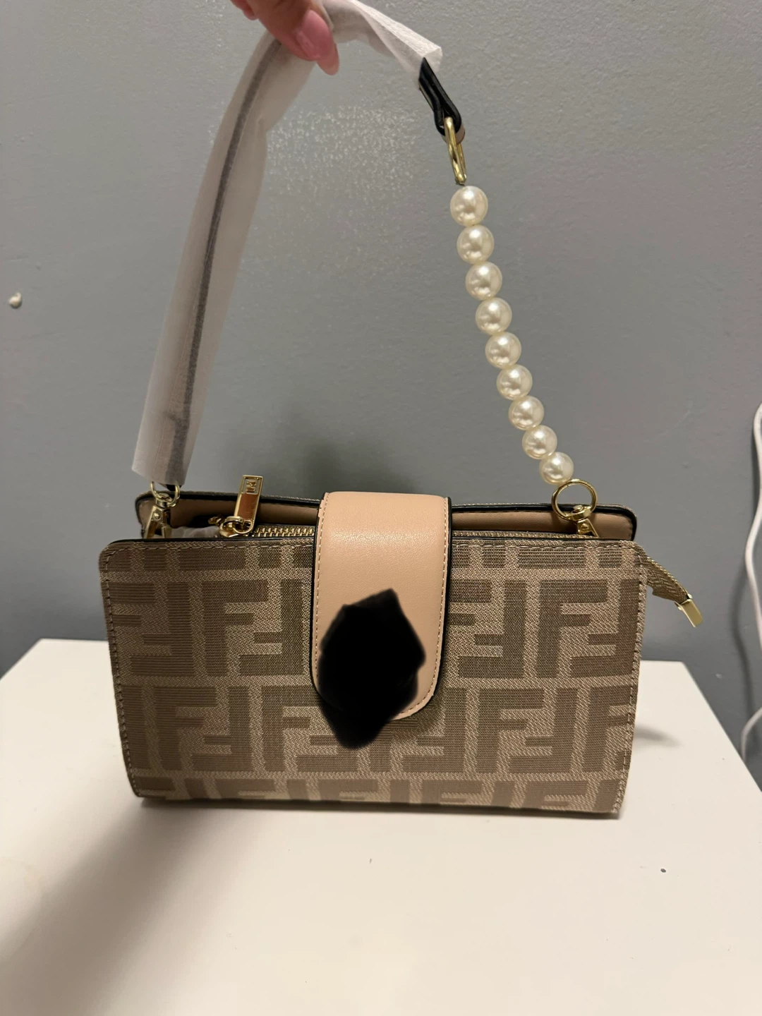 Brown Faux Leather Shoulder Bag with Pearl Strap - photo 3