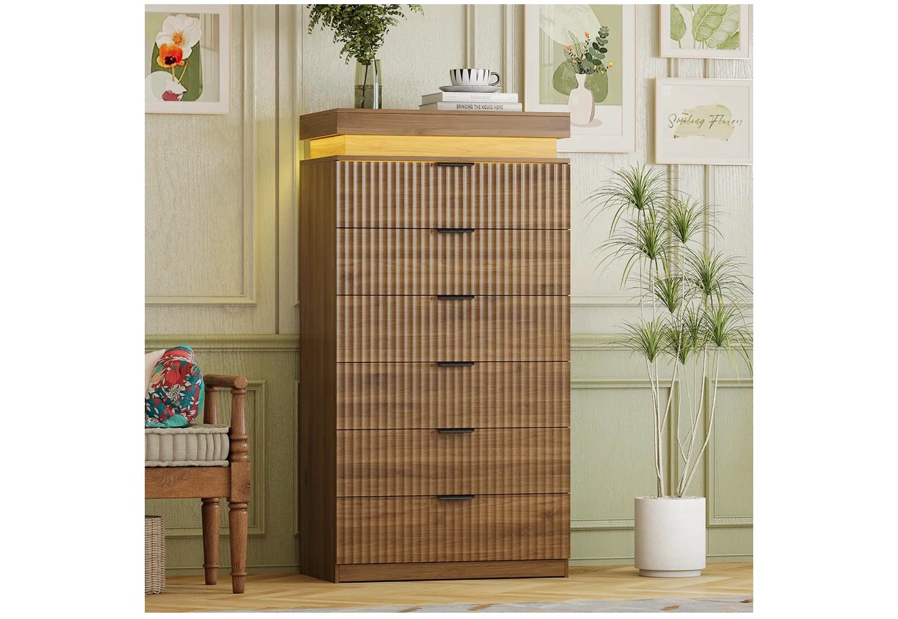 Modern 6 Drawer Wooden Dresser with Integrated Lighting