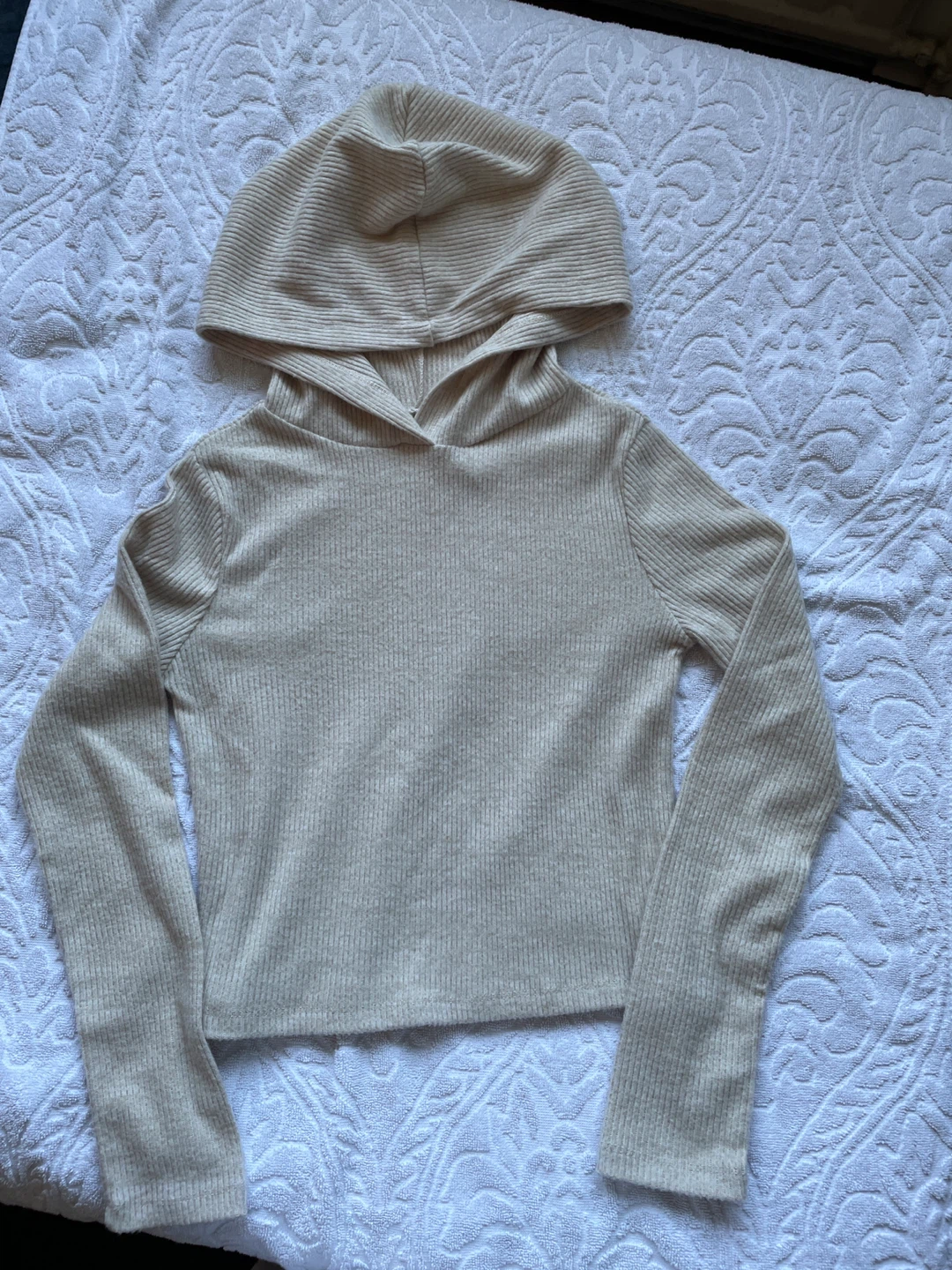 Girls Beige Ribbed Hoodie