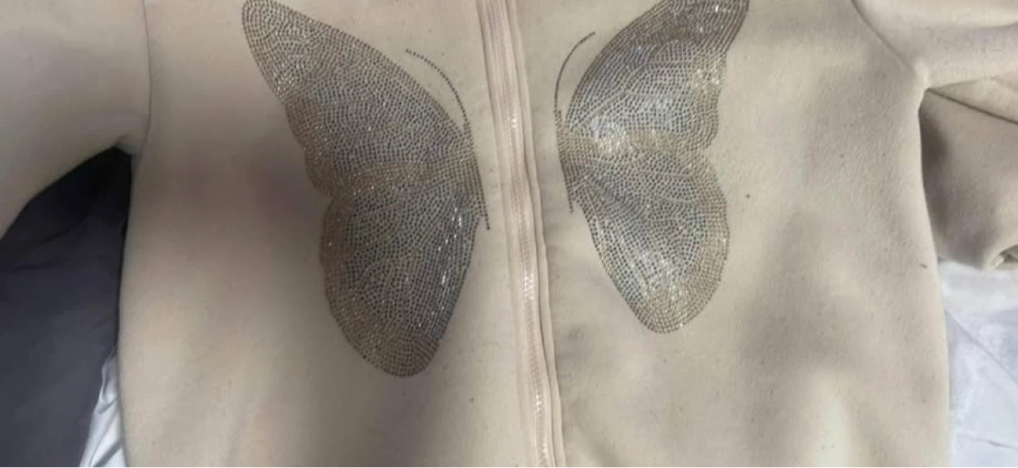 Cream Butterfly Rhinestone Zip-Up Hoodie