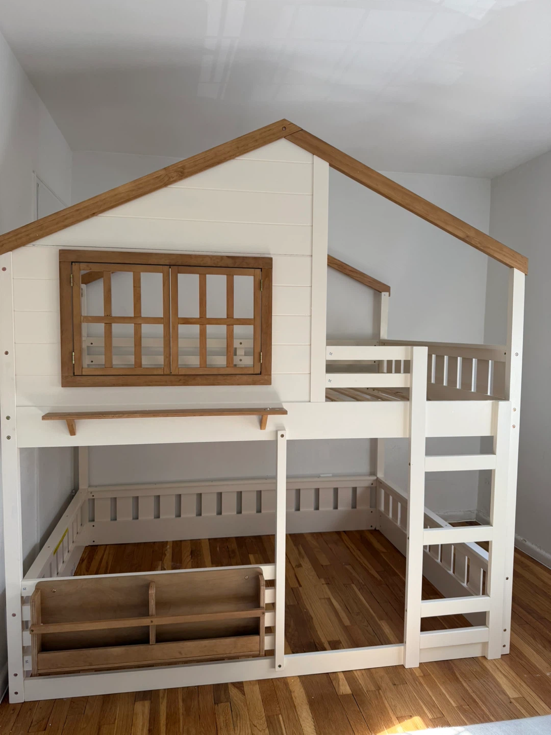 Full Over Full House Bunk Bed with Bookcase and Shelf
