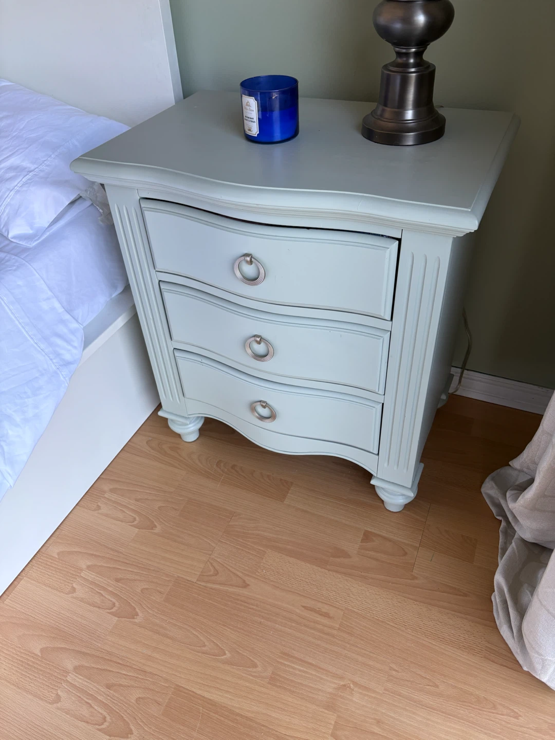 2 sage green 3 drawer nightstands