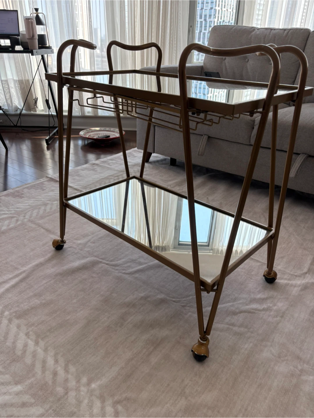 Gold Bar Cart with Mirror Shelves