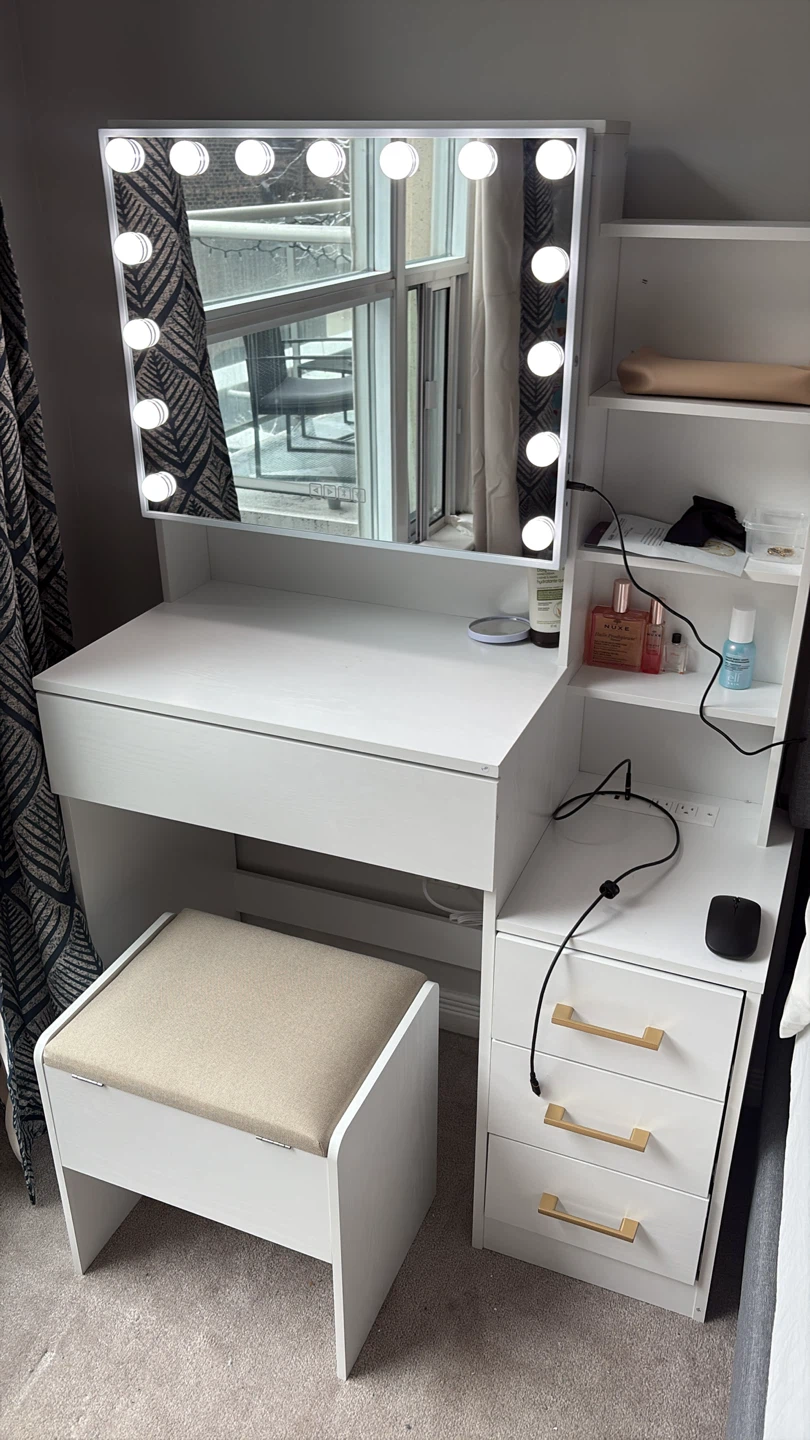 White Vanity Desk with Lighted Mirror and Stool