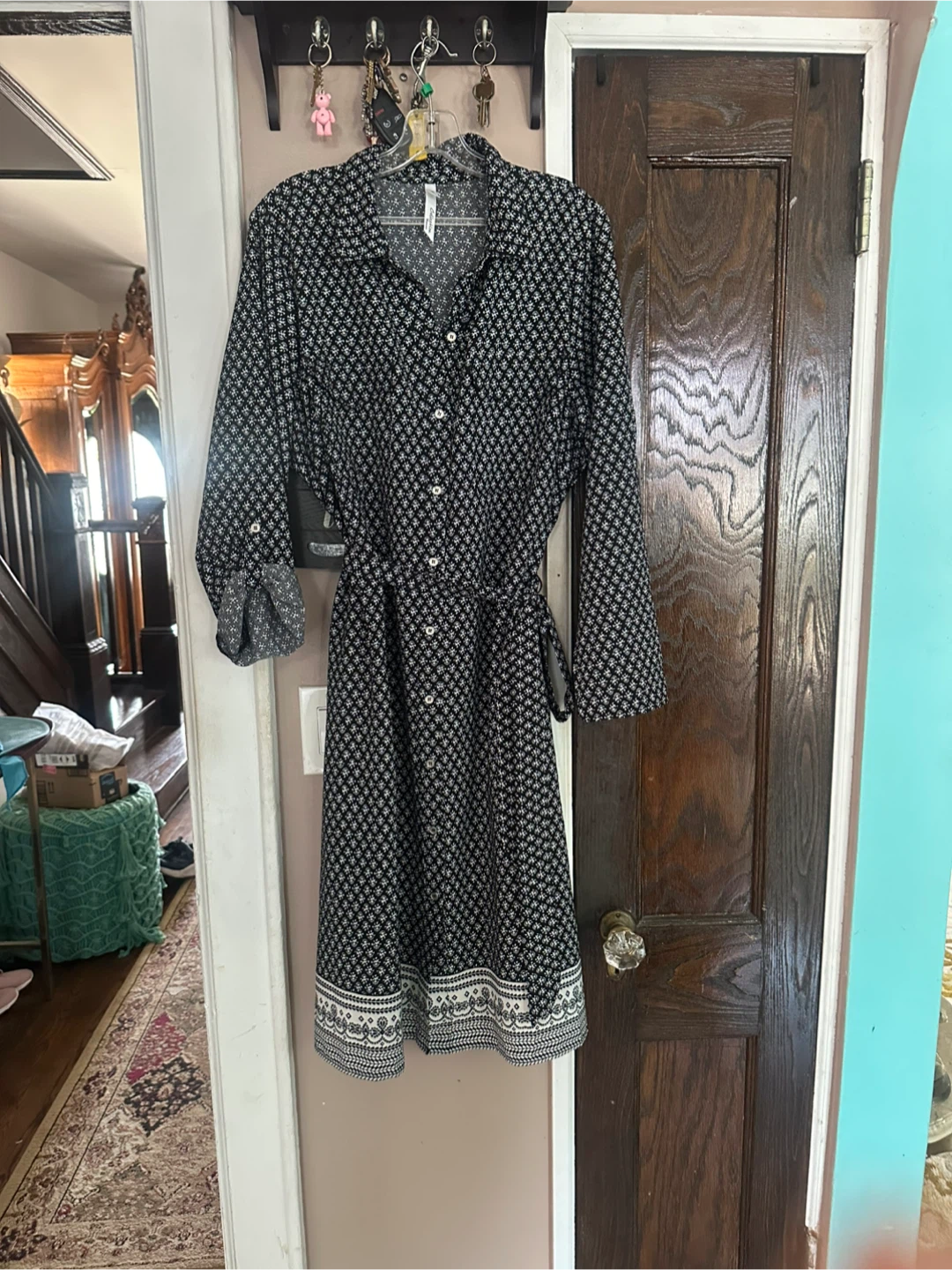 NY Collection Black Printed Midi Shirt Dress with White Border