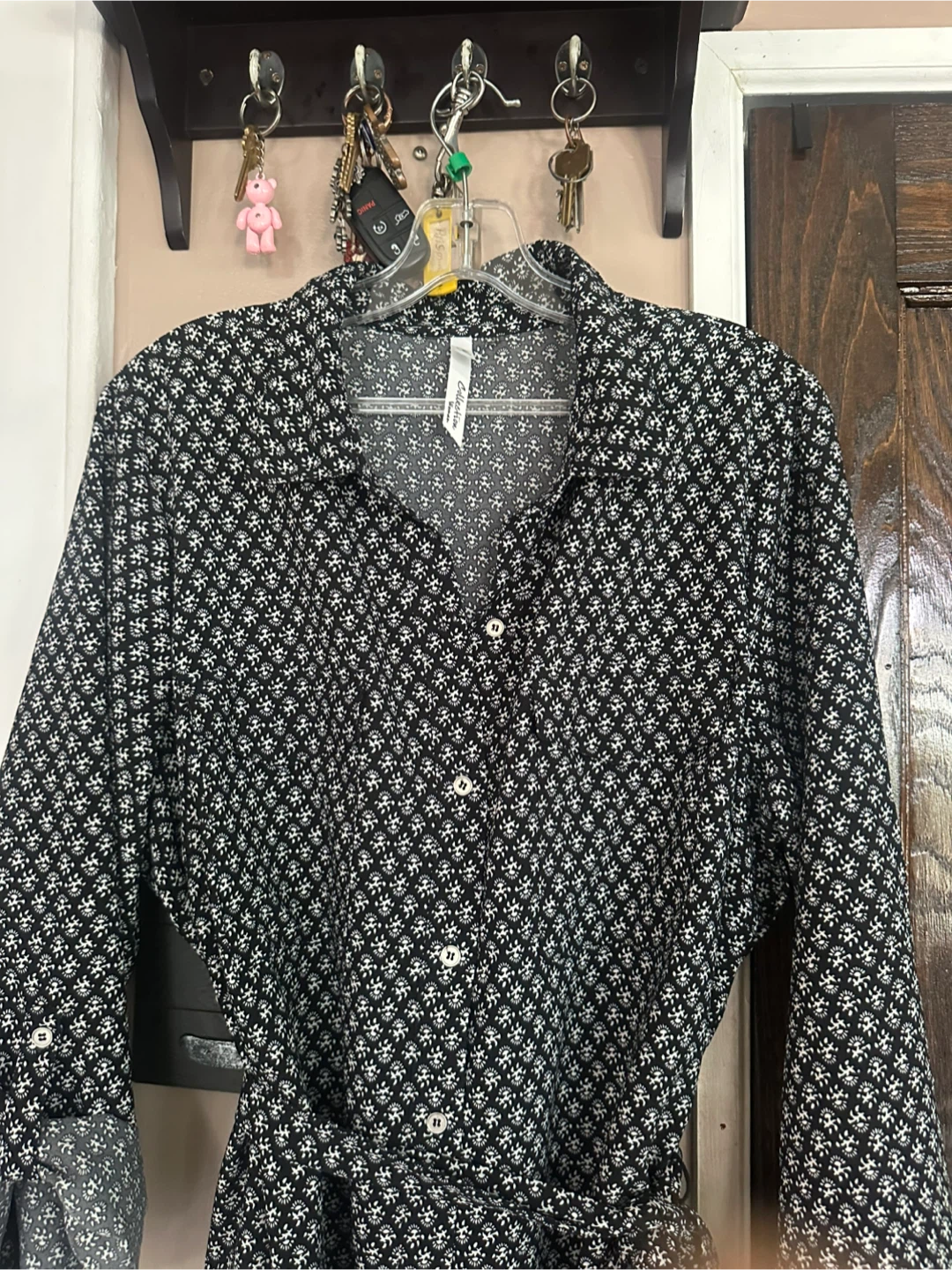 NY Collection Black Printed Midi Shirt Dress with White Border - photo 2