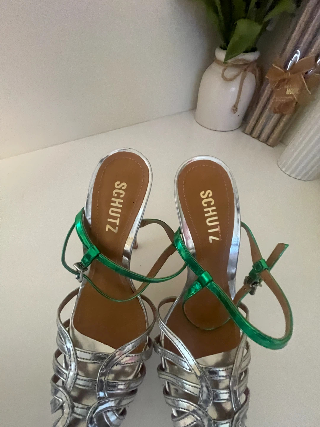 Schutz Silver & Green Strappy Heels - Size 6.5
