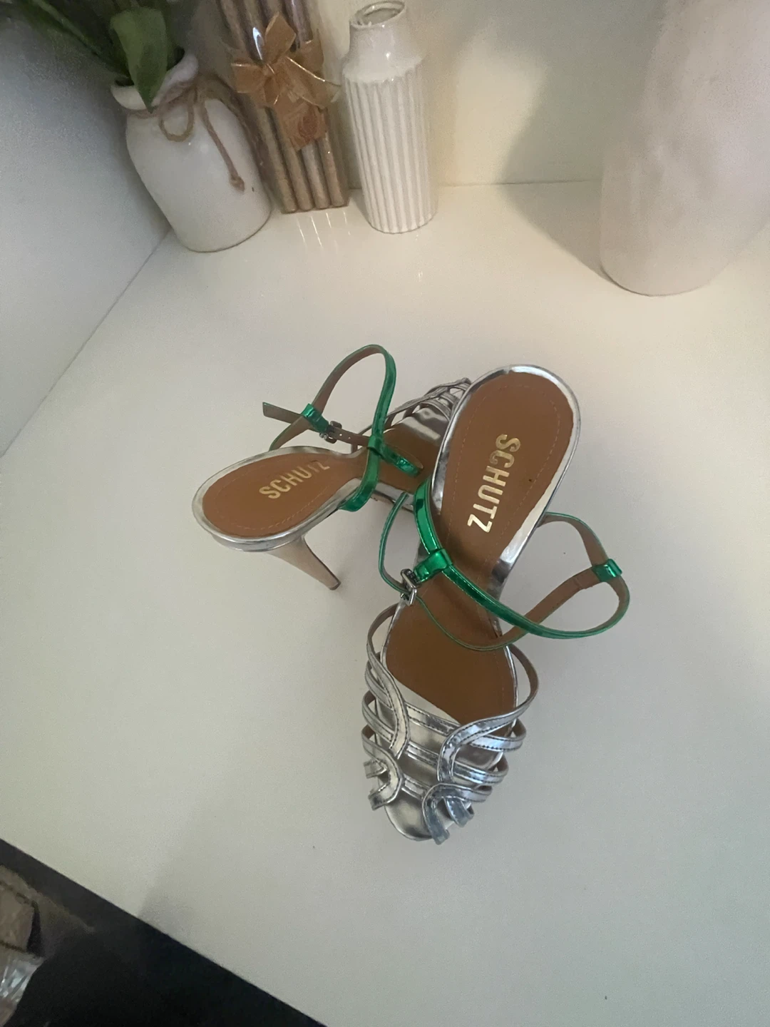 Schutz Silver & Green Strappy Heels - Size 6.5 - photo 3
