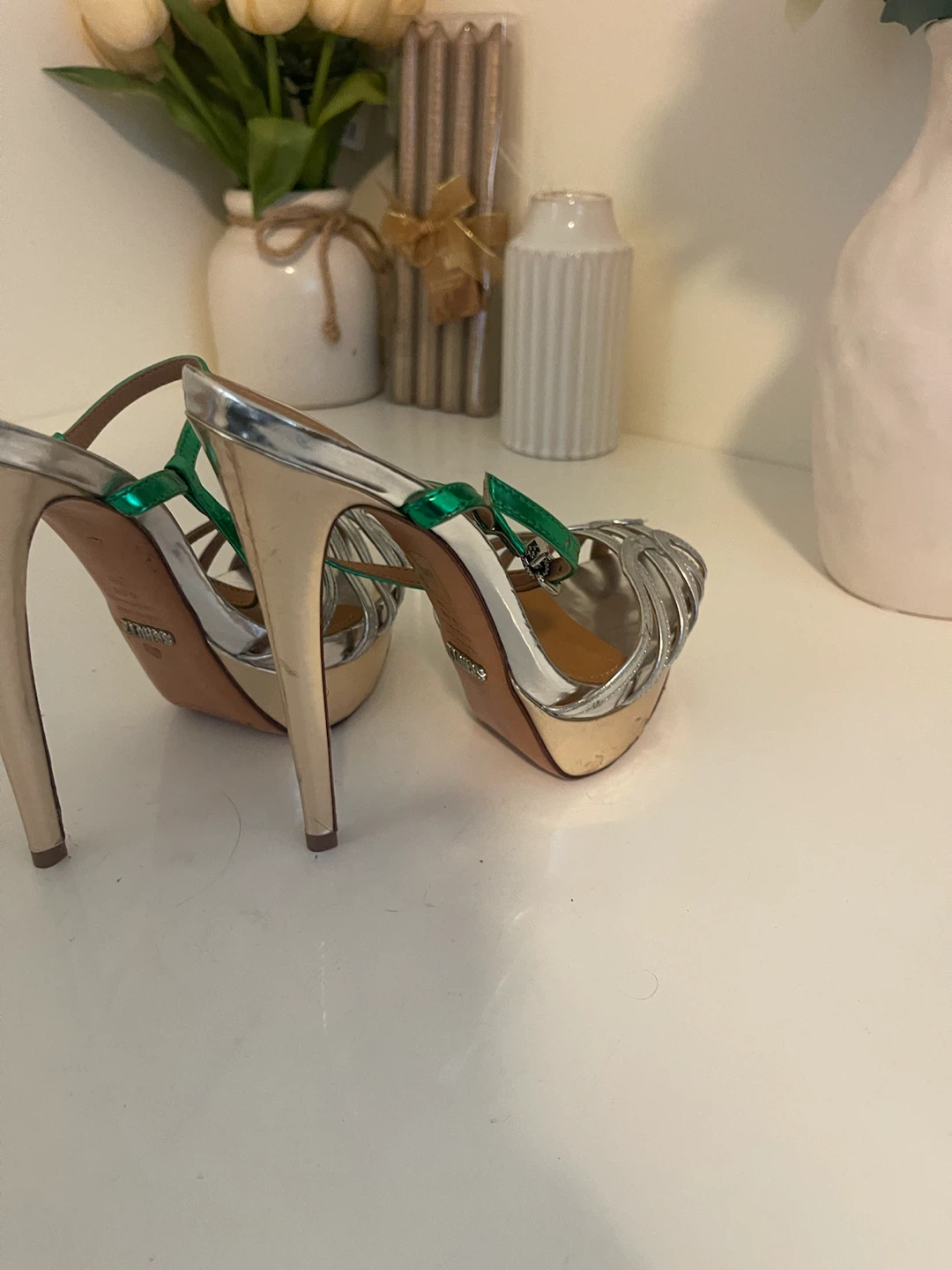 Schutz Silver & Green Strappy Heels - Size 6.5 - photo 4