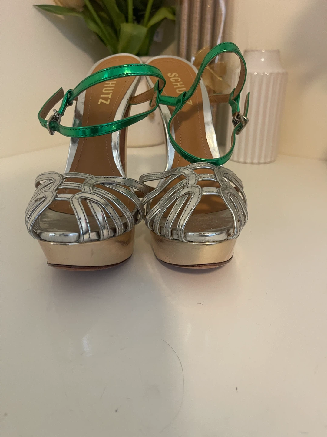 Schutz Silver & Green Strappy Heels - Size 6.5 - photo 5