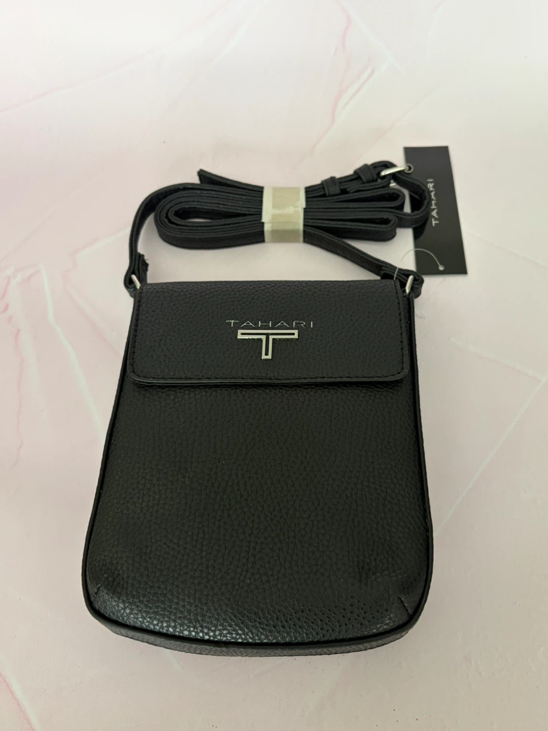 New Tahari Black Pebbled Faux Leather Crossbody Bag