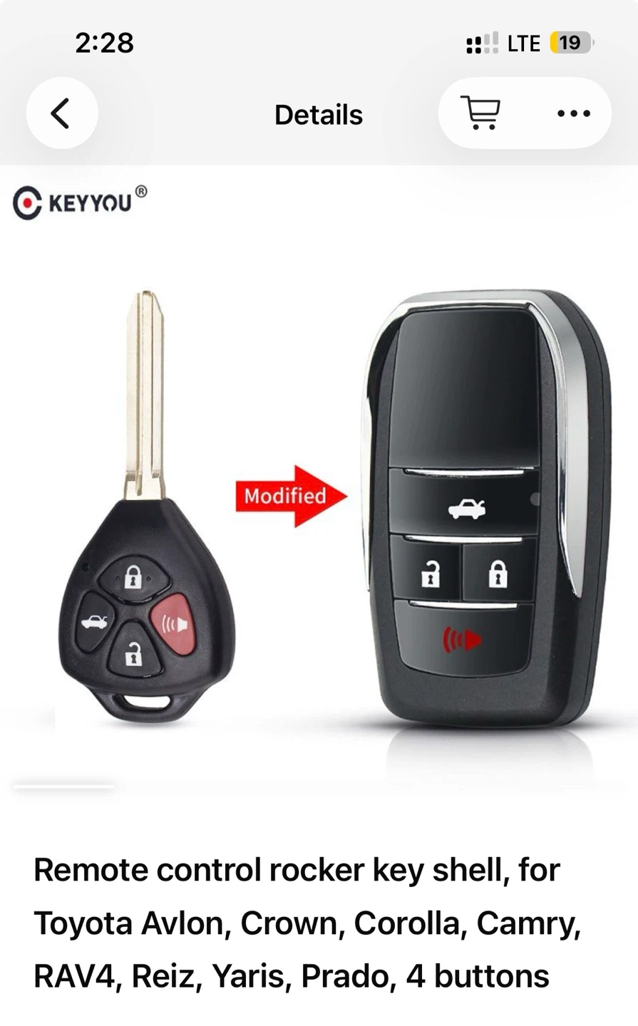 Modified Flip Key Shell for Toyota - 4 Buttons