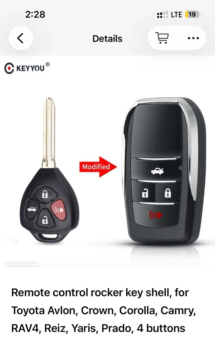 Modified Flip Key Shell for Toyota - 4 Buttons