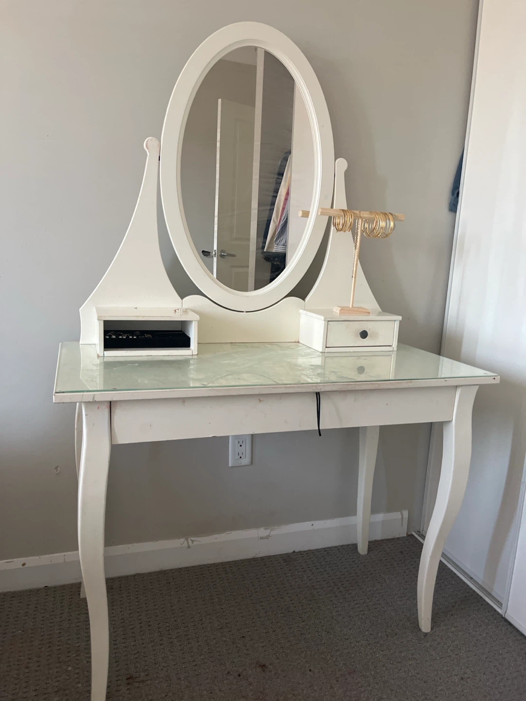 White Vanity Desk with Oval Mirror