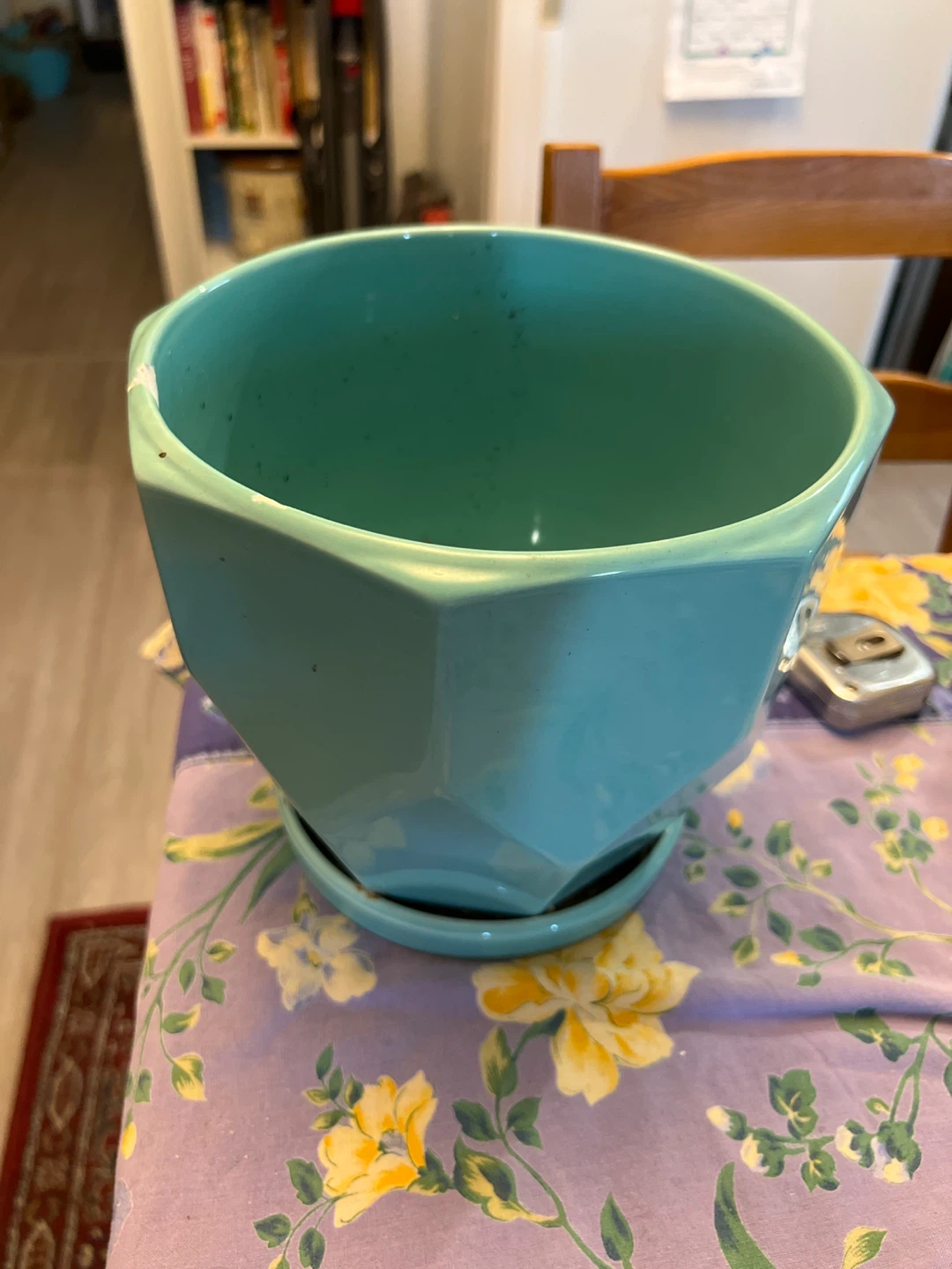 Teal Geometric Ceramic Planter with Saucer - photo 2