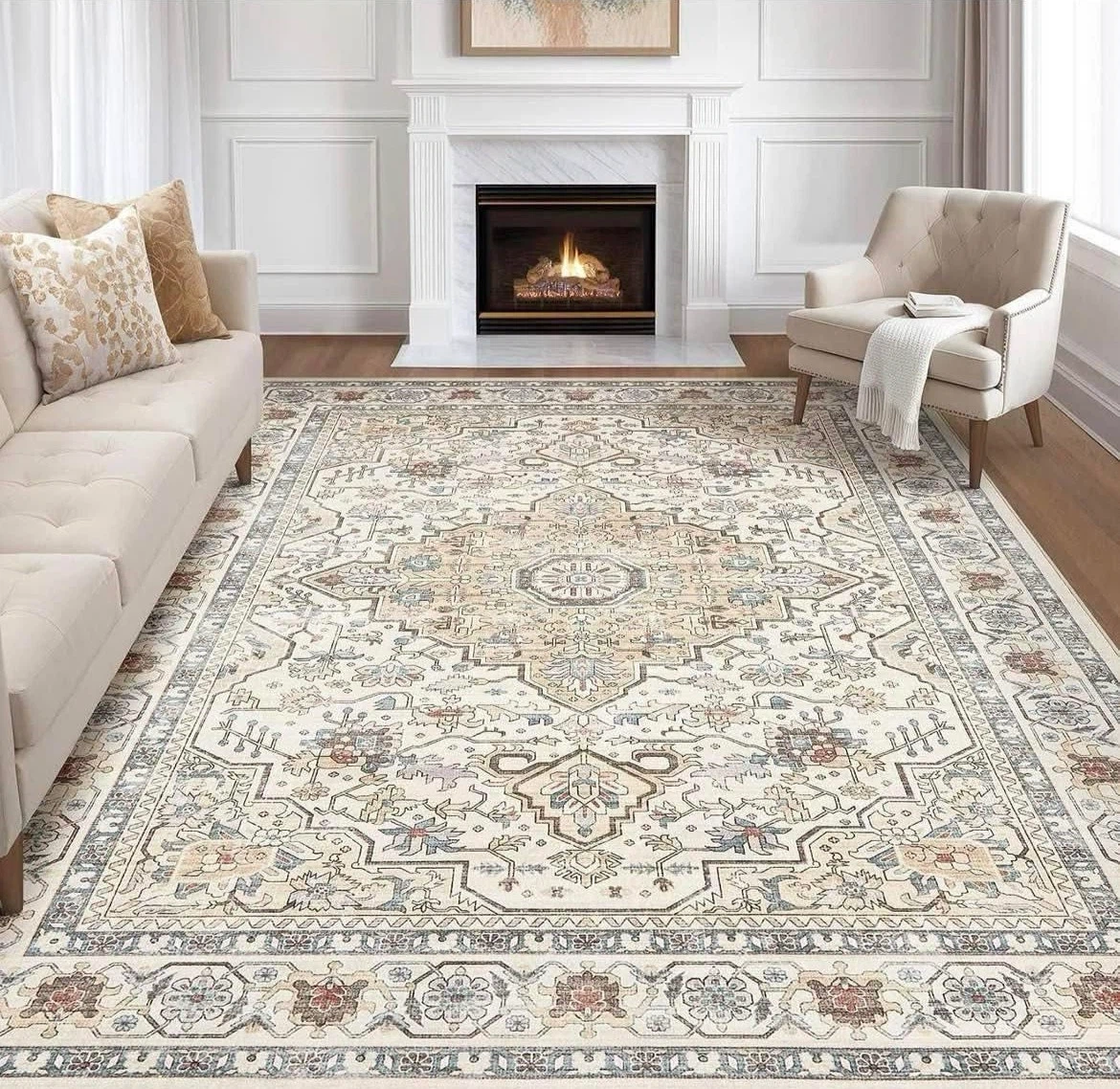 Cream and blue traditional area rug